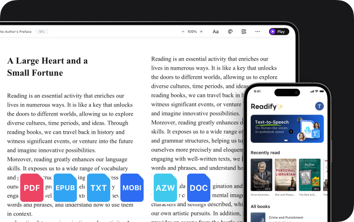 Readify eBook reader interface showing EPUB and PDF support